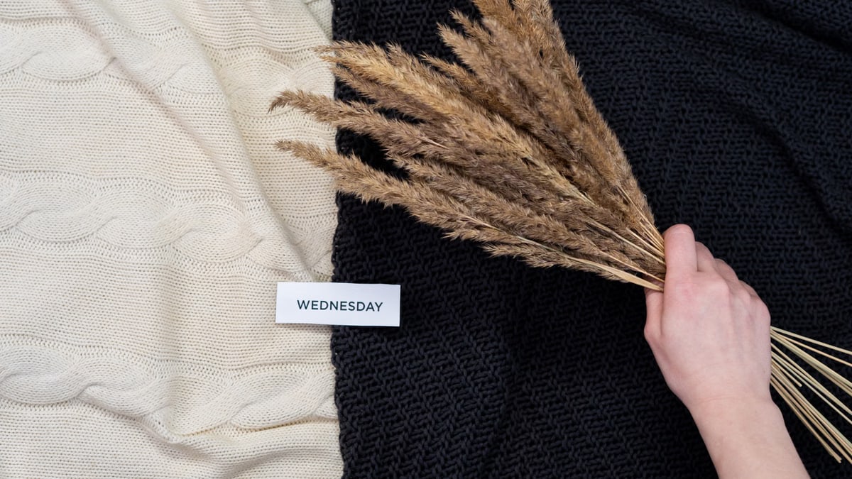 Aesthetic flatlay featuring dried grasses on woolen blankets with a text card reading 'Wednesday'.